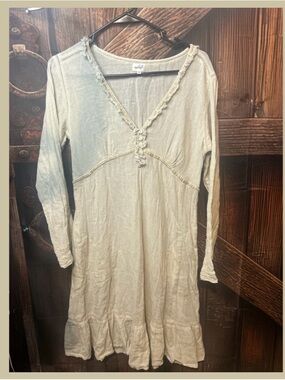Light Beige Ruffle-Trim Long Sleeve V-Neck Dress